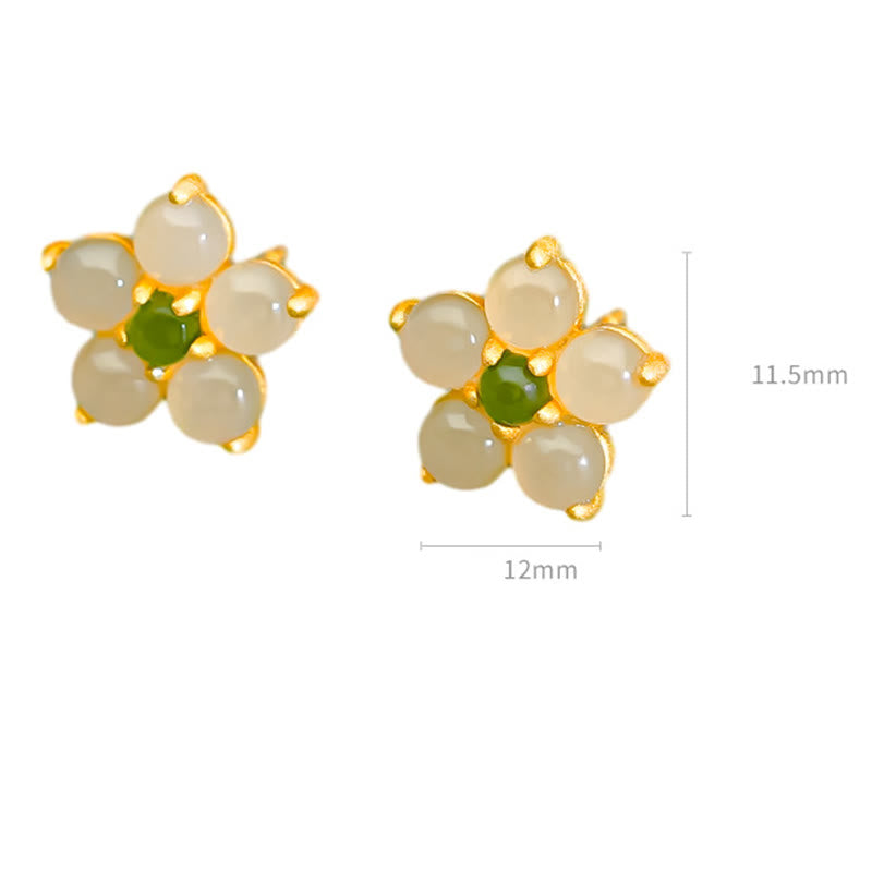 Buddha Stones 925 Sterling Silver Hetian Jade Luck Flower Stud Earrings - image 7