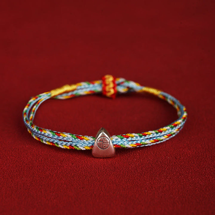 Buddha Stones 925 Sterling Silver Fu Character Luck Multicolored Rope Bracelet - Light Blue - 14-20cm - image 0