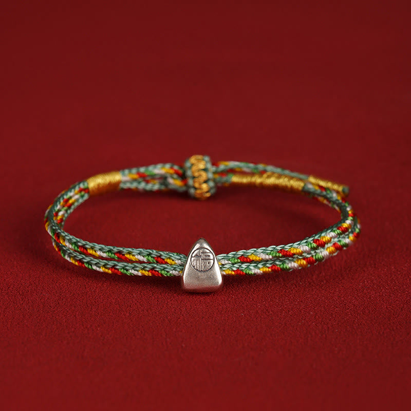 Buddha Stones 925 Sterling Silver Fu Character Luck Multicolored Rope Bracelet - Green - 14-20cm - image 12