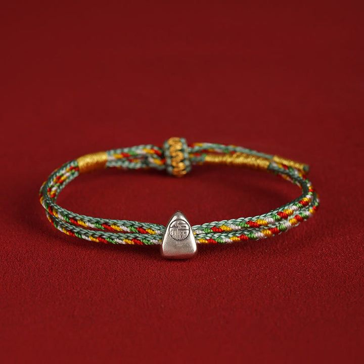 Buddha Stones 925 Sterling Silver Fu Character Luck Multicolored Rope Bracelet - Green - 14-20cm - image 12