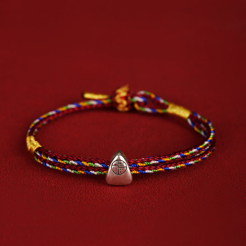 Buddha Stones 925 Sterling Silver Fu Character Luck Multicolored Rope Bracelet - Dark Red - 14-20cm - image 15