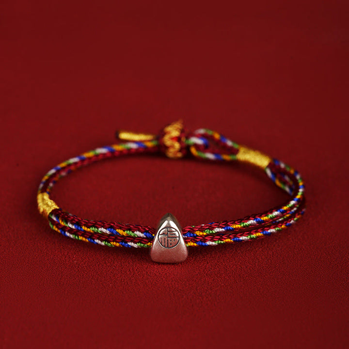 Buddha Stones 925 Sterling Silver Fu Character Luck Multicolored Rope Bracelet - Dark Red - 14-20cm - image 15