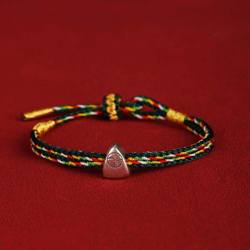 Buddha Stones 925 Sterling Silver Fu Character Luck Multicolored Rope Bracelet - Dark Green - 14-20cm - image 19