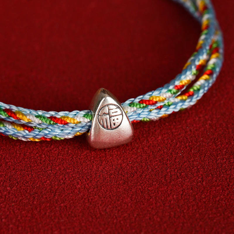 Buddha Stones 925 Sterling Silver Fu Character Luck Multicolored Rope Bracelet - image 2