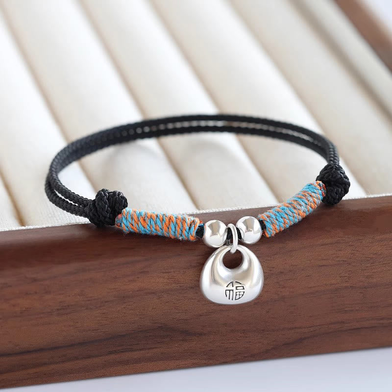 Buddha Stones Handmade 925 Sterling Silver Fu Character Safe And Well Luck Braided Bracelet - Black Rope(Wrist Circumference 14-26cm) - image 0