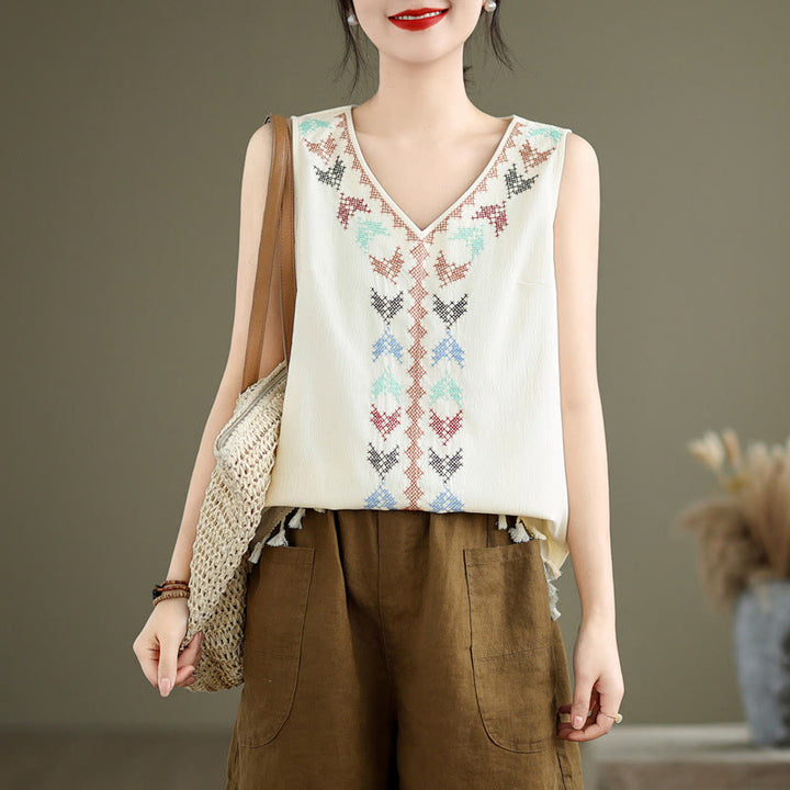 Buddha Stones Retro Embroidery V-Neck Tassel Tank Top - image 5