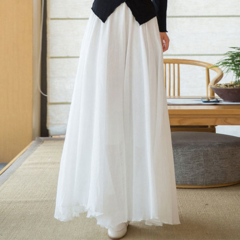 Buddha Stones Solid Color Elastic High Waist Linen Skirt - White - US6，UK/AU10，EU38 (M) - image 15