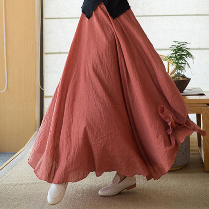 Buddha Stones Solid Color Elastic High Waist Linen Skirt - LightCoral - US6，UK/AU10，EU38 (M) - image 0