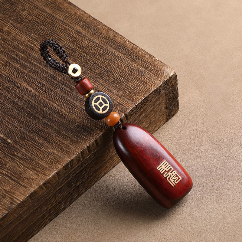Buddha Stones Small Leaf Red Sandalwood Ebony Wood Peace Auspicious Copper Coin Protection Key Chain - image 2