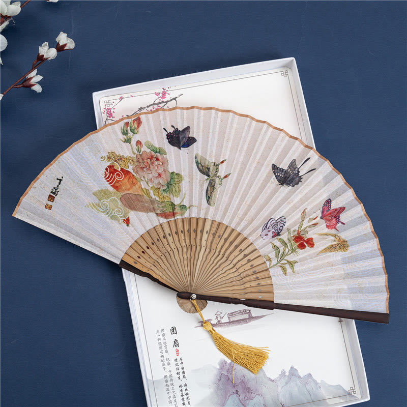 Buddha Stones Butterfly Orchid Cat Handheld Cotton Linen Bamboo Folding Fan 22cm - Butterfly 22cm - image 1