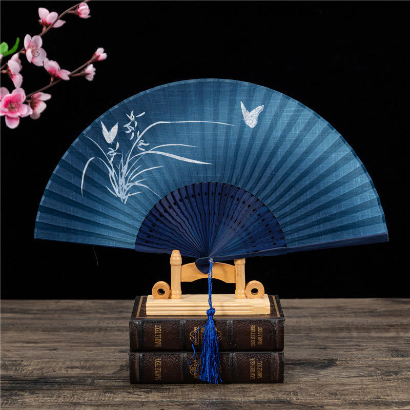 Buddha Stones Butterfly Orchid Cat Handheld Cotton Linen Bamboo Folding Fan 22cm - Butterfly Orchid 22cm - image 3