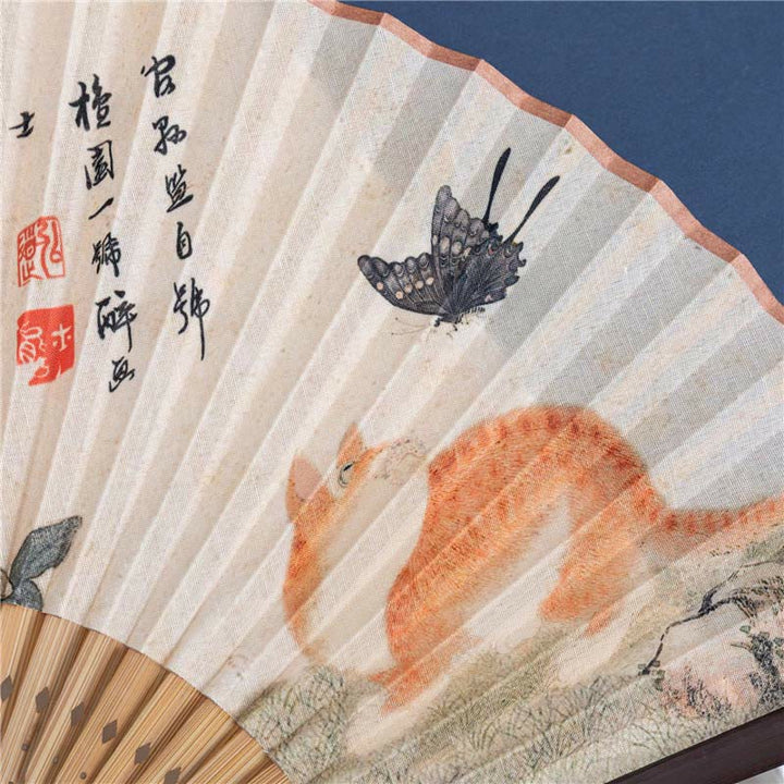 Buddha Stones Butterfly Orchid Cat Handheld Cotton Linen Bamboo Folding Fan 22cm - image 5