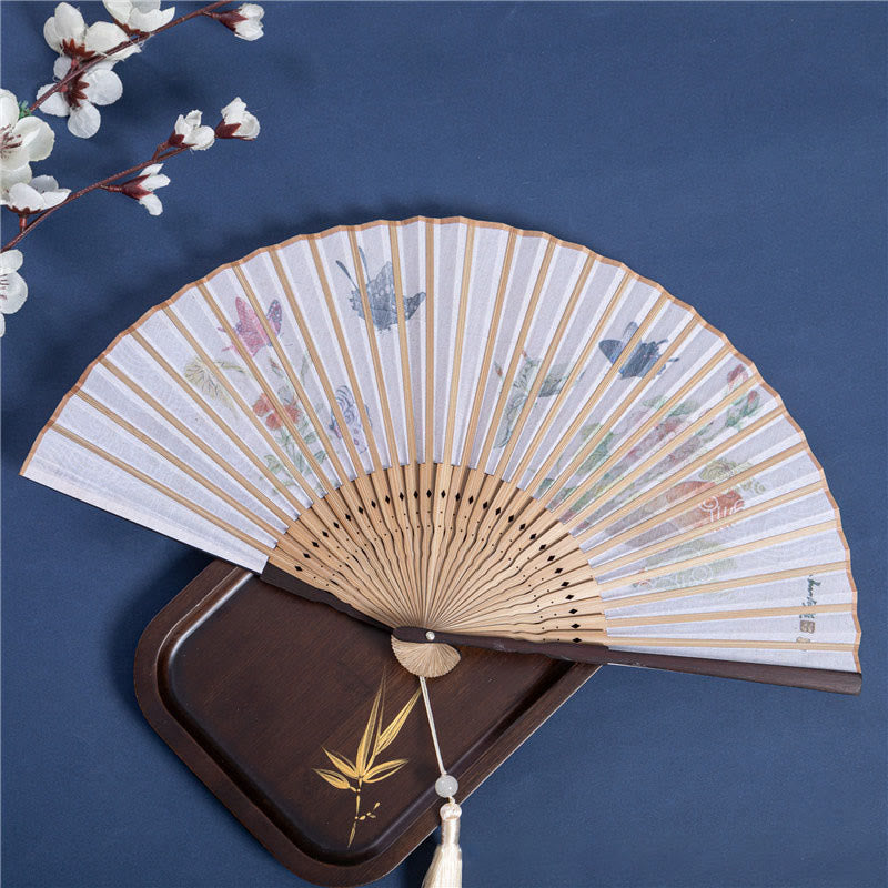 Buddha Stones Butterfly Orchid Cat Handheld Cotton Linen Bamboo Folding Fan 22cm - image 2