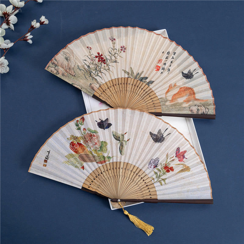 Buddha Stones Butterfly Orchid Cat Handheld Cotton Linen Bamboo Folding Fan 22cm - image 0