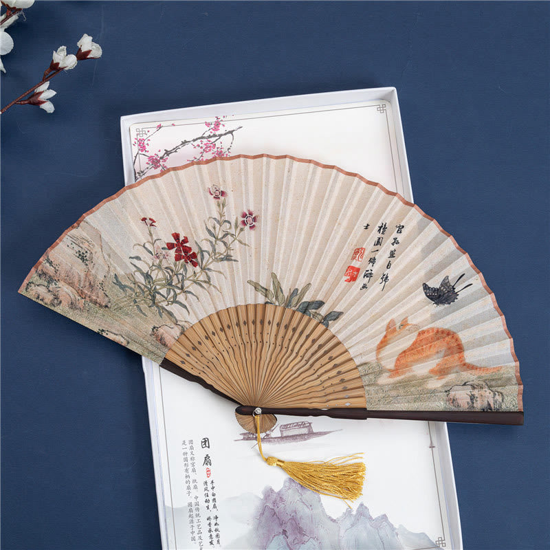 Buddha Stones Butterfly Orchid Cat Handheld Cotton Linen Bamboo Folding Fan 22cm - Cat 22cm - image 4