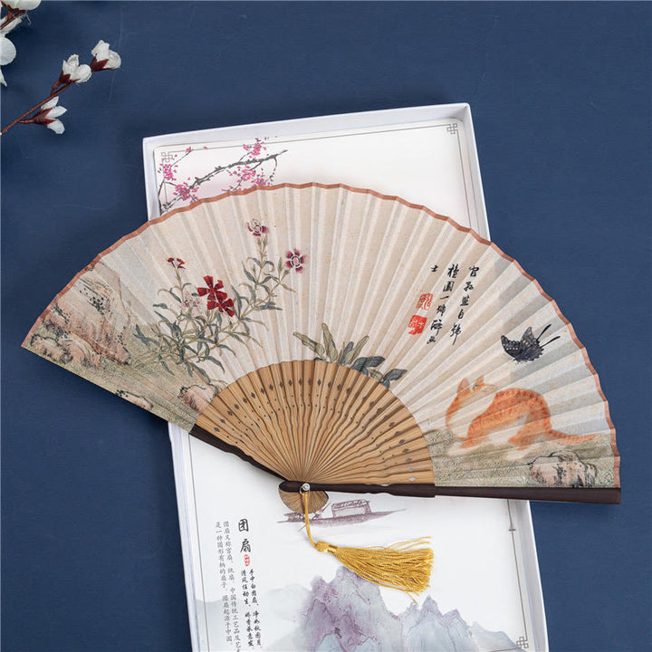 Buddha Stones Butterfly Orchid Cat Handheld Cotton Linen Bamboo Folding Fan 22cm - Cat 22cm - image 4