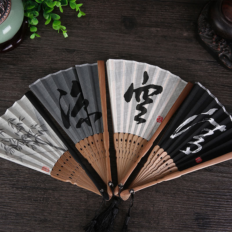 Buddha Stones Chinese Characters Golden Dragonfly Handheld Cotton Linen Bamboo Folding Fan 22cm - image 0