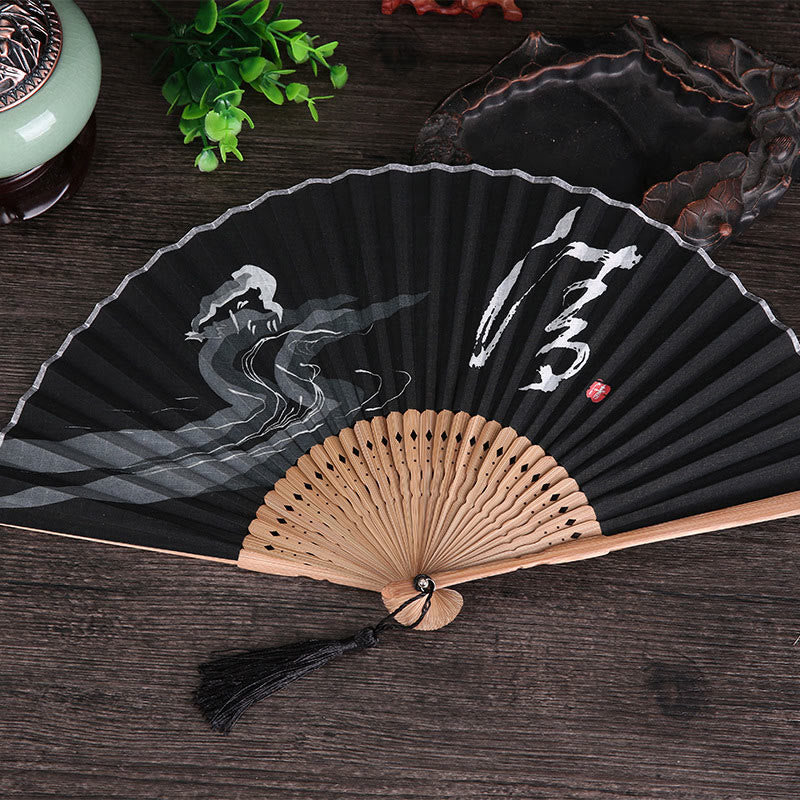 Buddha Stones Chinese Characters Golden Dragonfly Handheld Cotton Linen Bamboo Folding Fan 22cm - Black 22cm - image 1