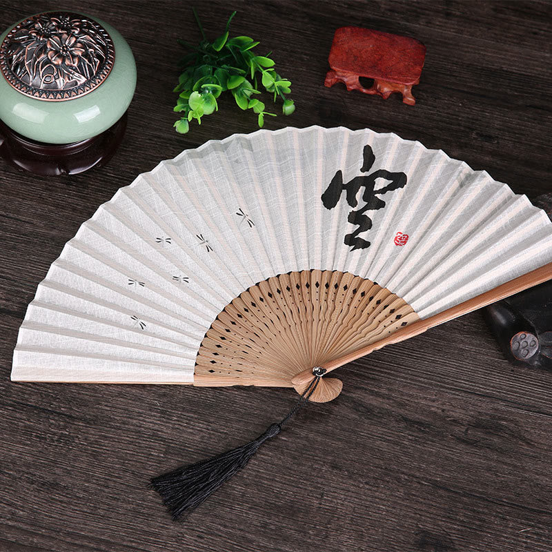 Buddha Stones Chinese Characters Golden Dragonfly Handheld Cotton Linen Bamboo Folding Fan 22cm - White 22cm - image 3