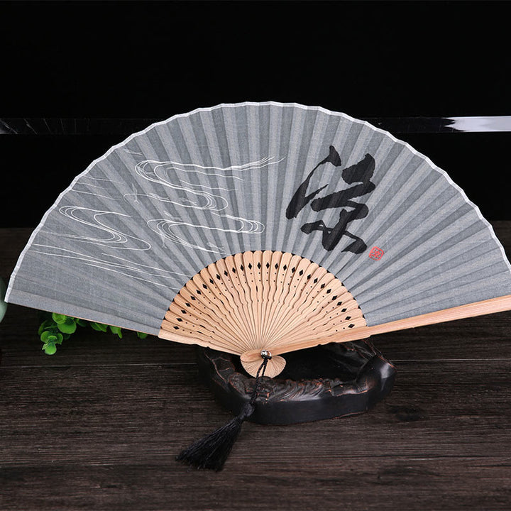 Buddha Stones Chinese Characters Golden Dragonfly Handheld Cotton Linen Bamboo Folding Fan 22cm - Gray 22cm - image 7