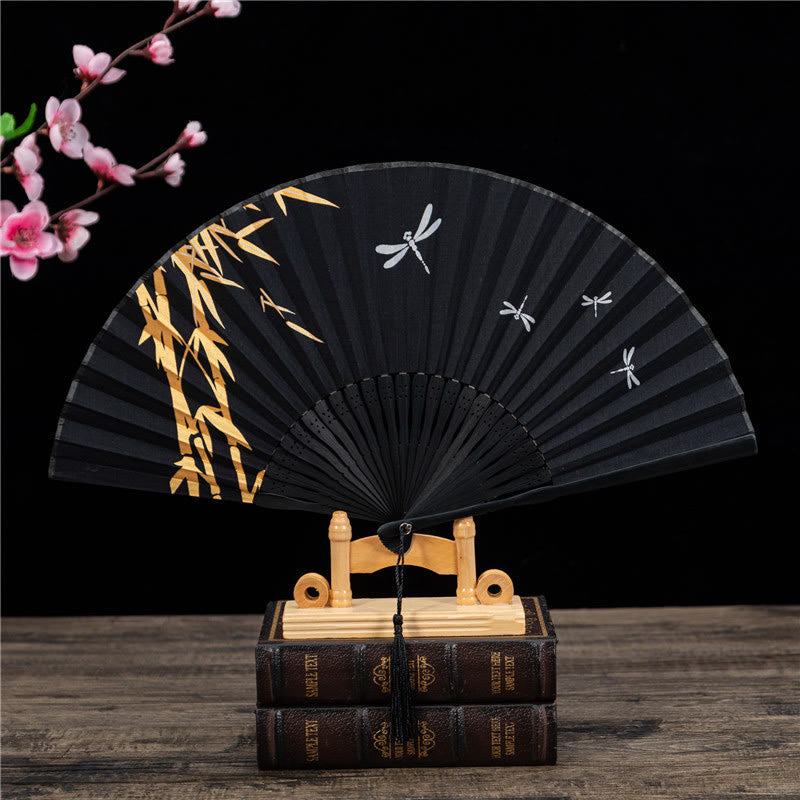 Buddha Stones Chinese Characters Golden Dragonfly Handheld Cotton Linen Bamboo Folding Fan 22cm - Golden Dragonfly Bamboo 22cm - image 9