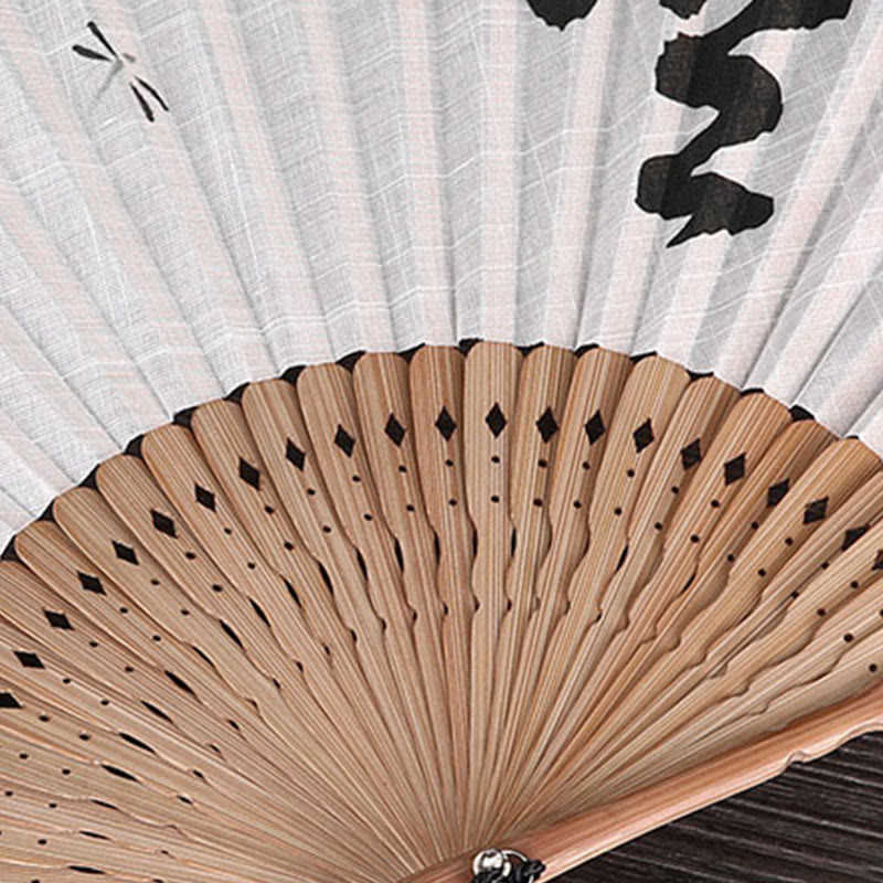 Buddha Stones Chinese Characters Golden Dragonfly Handheld Cotton Linen Bamboo Folding Fan 22cm - image 5