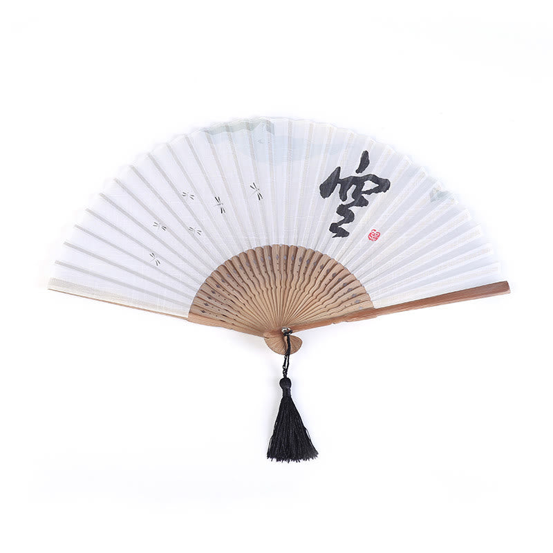 Buddha Stones Chinese Characters Golden Dragonfly Handheld Cotton Linen Bamboo Folding Fan 22cm - image 6