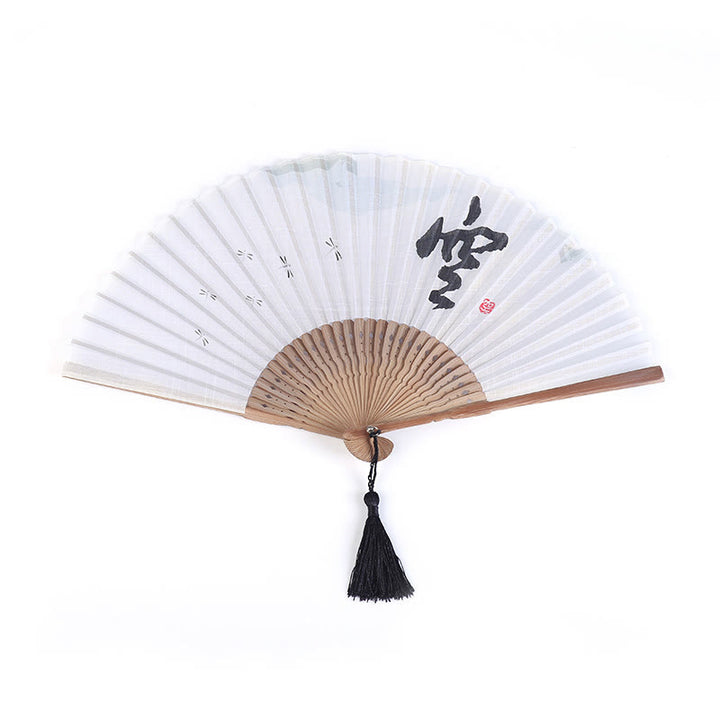 Buddha Stones Chinese Characters Golden Dragonfly Handheld Cotton Linen Bamboo Folding Fan 22cm - image 6