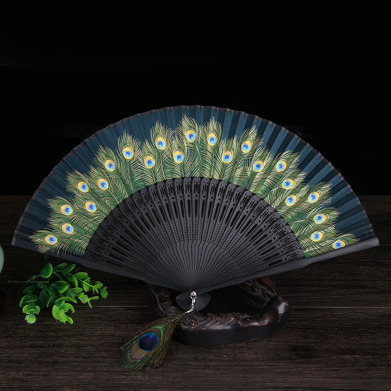 Buddha Stones Peacock Feather Handheld Bamboo Folding Fan 21.5cm - Dark Green 21.5cm - image 0