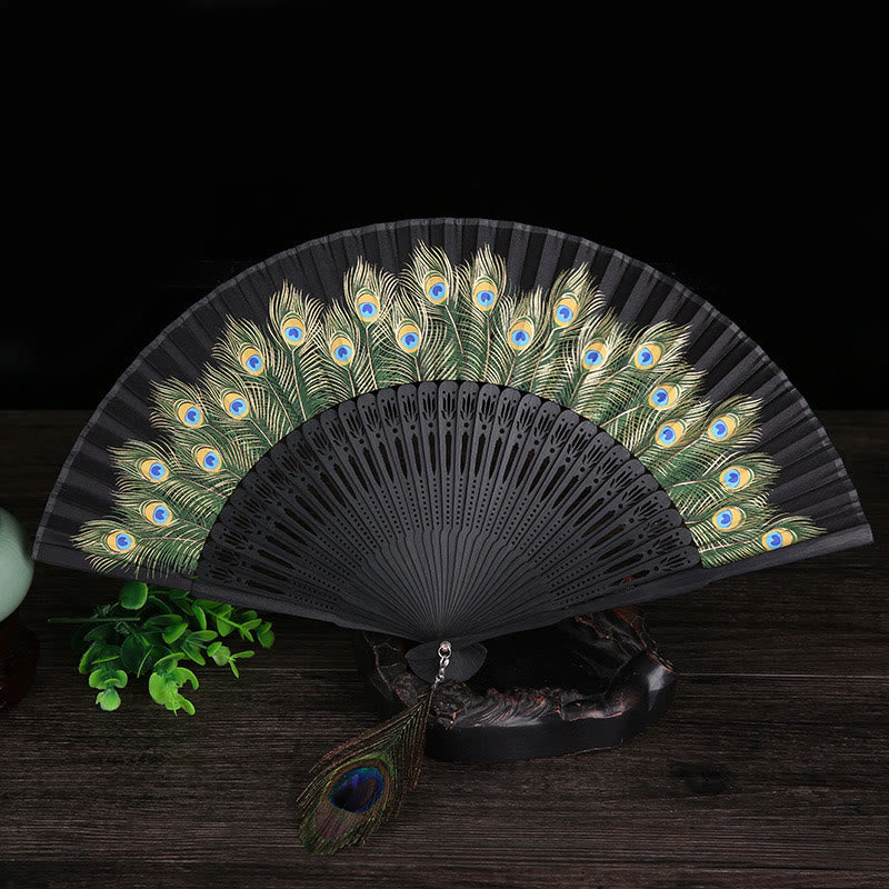 Buddha Stones Peacock Feather Handheld Bamboo Folding Fan 21.5cm - Black 21.5cm - image 3
