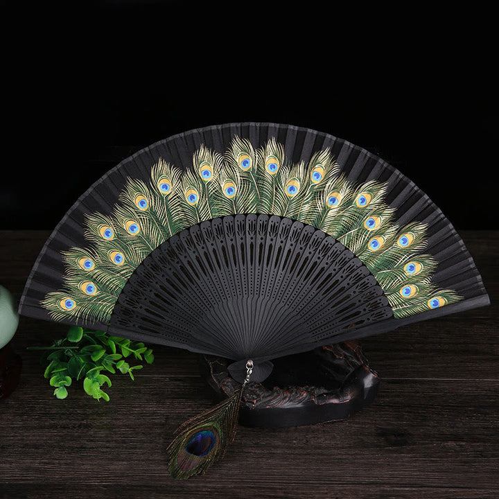 Buddha Stones Peacock Feather Handheld Bamboo Folding Fan 21.5cm - Black 21.5cm - image 3