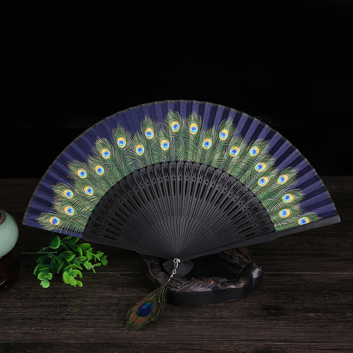 Buddha Stones Peacock Feather Handheld Bamboo Folding Fan 21.5cm - Navy Blue 21.5cm - image 4