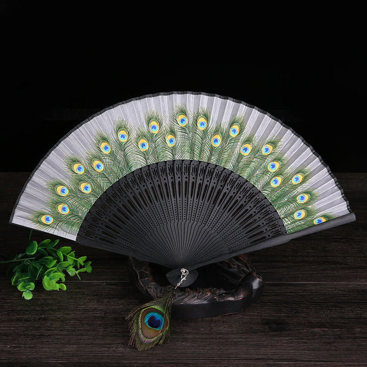 Buddha Stones Peacock Feather Handheld Bamboo Folding Fan 21.5cm - Gray 21.5cm - image 9