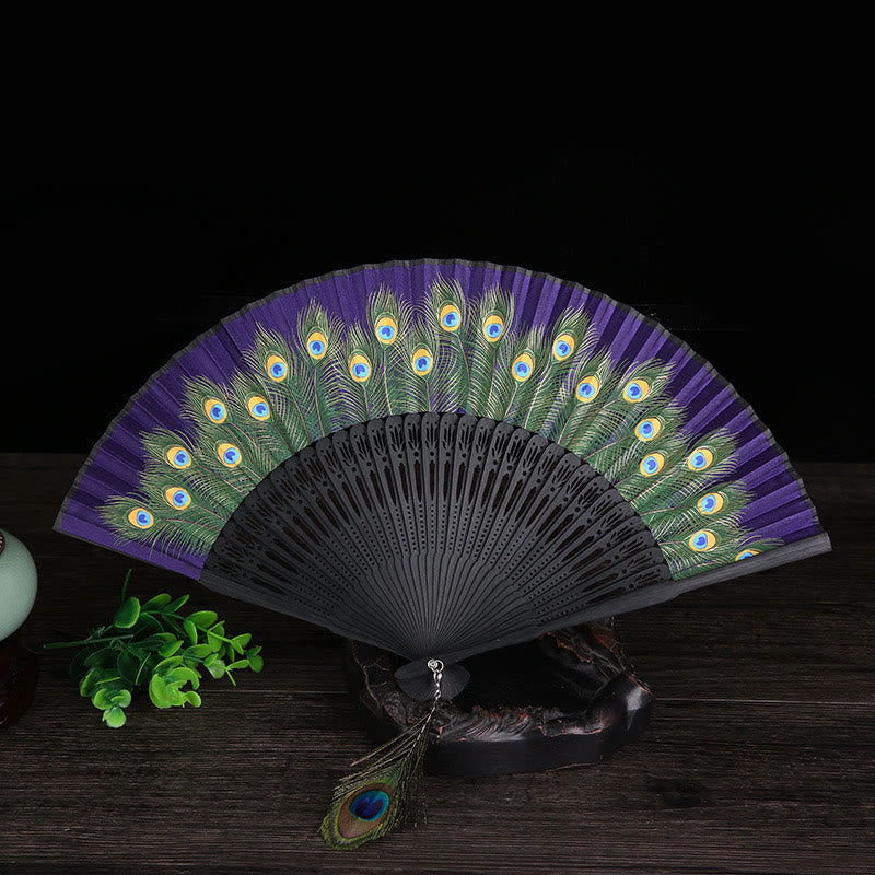 Buddha Stones Peacock Feather Handheld Bamboo Folding Fan 21.5cm - Purple 21.5cm - image 10