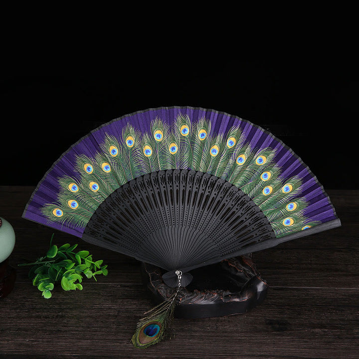 Buddha Stones Peacock Feather Handheld Bamboo Folding Fan 21.5cm - Purple 21.5cm - image 10