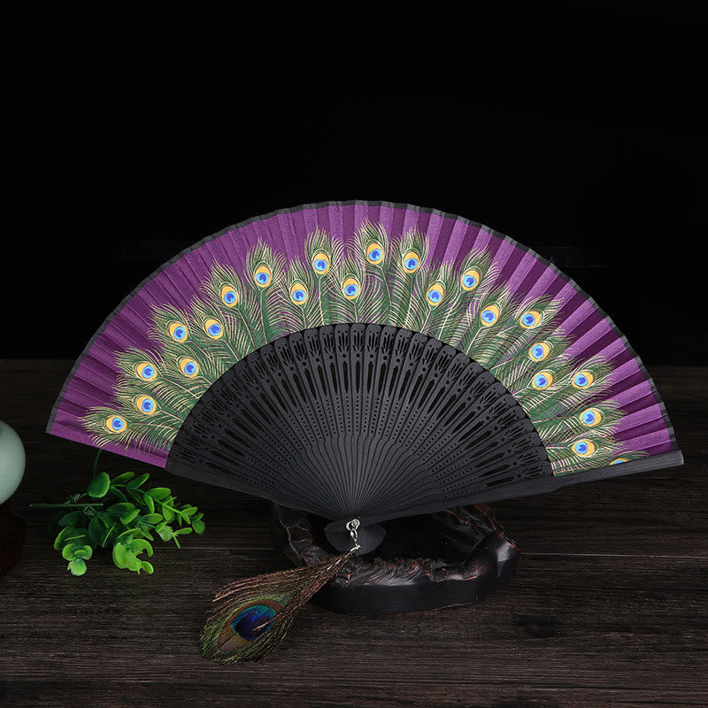 Buddha Stones Peacock Feather Handheld Bamboo Folding Fan 21.5cm - Rose Red 21.5cm - image 11