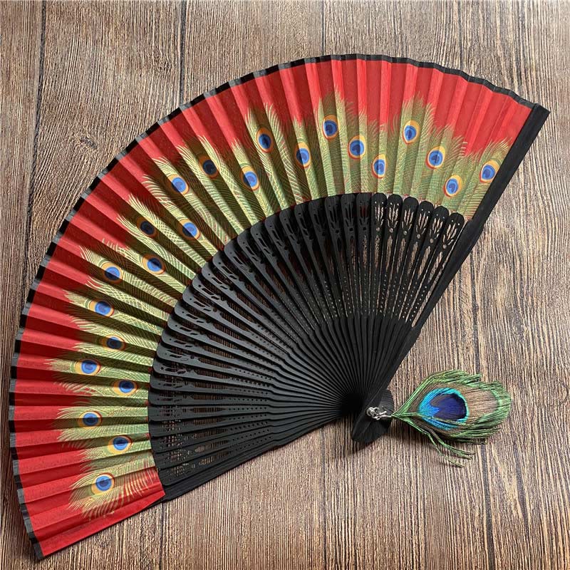Buddha Stones Peacock Feather Handheld Bamboo Folding Fan 21.5cm - Red 21.5cm - image 12