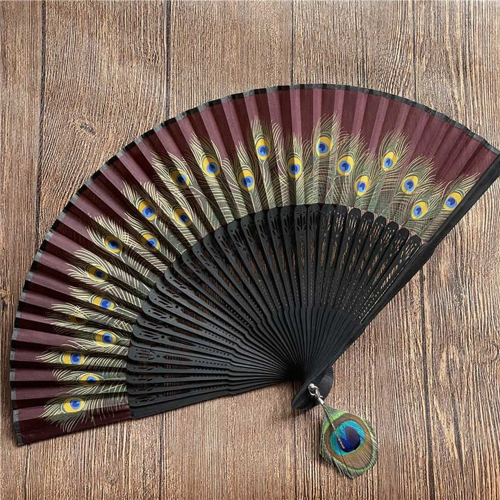 Buddha Stones Peacock Feather Handheld Bamboo Folding Fan 21.5cm - Coffee 21.5cm - image 13
