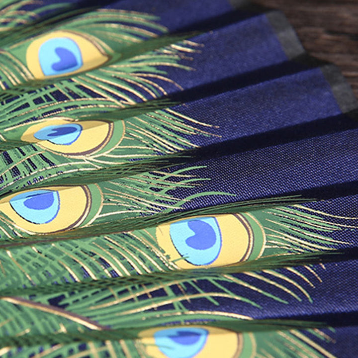 Buddha Stones Peacock Feather Handheld Bamboo Folding Fan 21.5cm - image 6