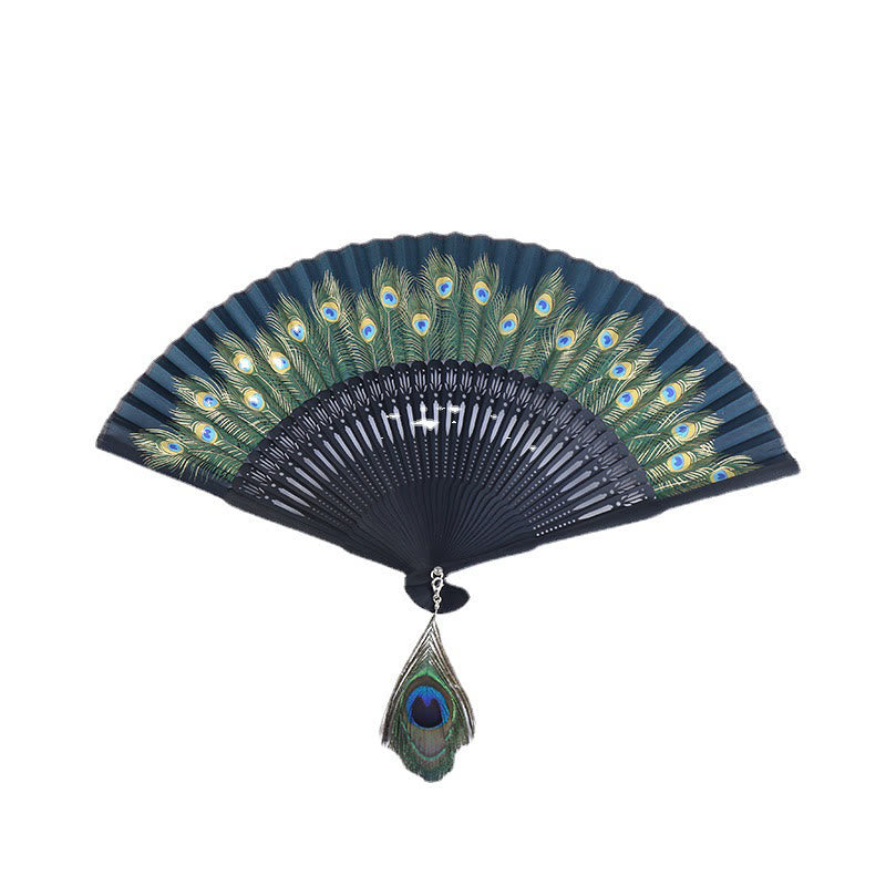 Buddha Stones Peacock Feather Handheld Bamboo Folding Fan 21.5cm - image 8