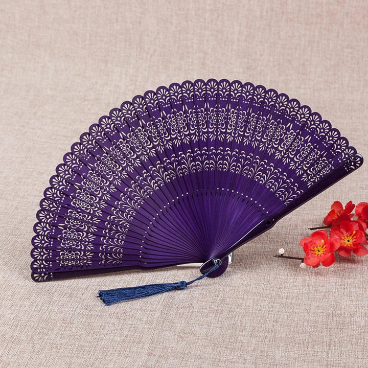 Buddha Stones Flower Engraved Hollow Handheld Bamboo Folding Fan 18cm - Violet 18cm - image 0