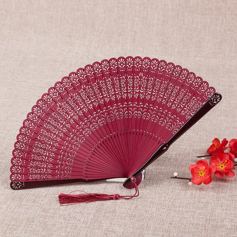 Buddha Stones Flower Engraved Hollow Handheld Bamboo Folding Fan 18cm - Red 18cm - image 3