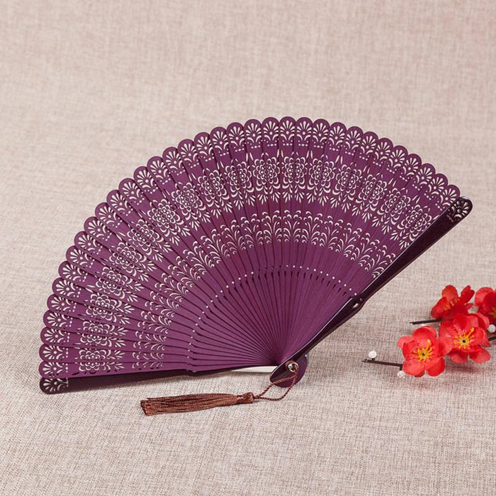 Buddha Stones Flower Engraved Hollow Handheld Bamboo Folding Fan 18cm - Purple 18cm - image 4