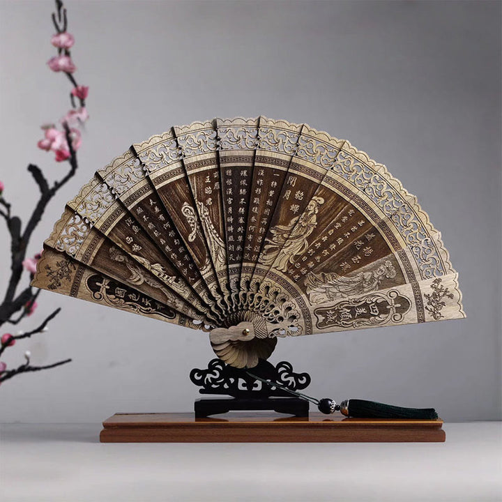 Buddha Stones Koi Fish Peony Bird Flower Engraved Hollow Handheld Phoebe Zhennan Wood Folding Fan 22cm - Four Beauties 22cm - image 5