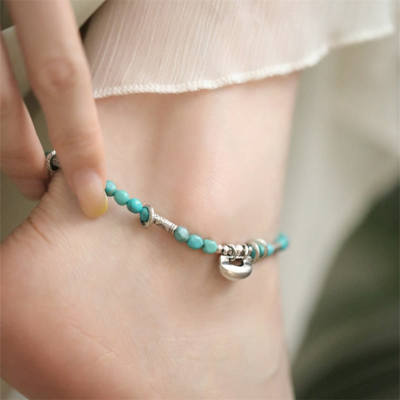 Buddha Stones 925 Sterling Silver Turquoise Small Beads Chinese Lock Charm Strength Anklet - 4-5mm Turquoise Anklet(Circumference 23-28cm) - image 0