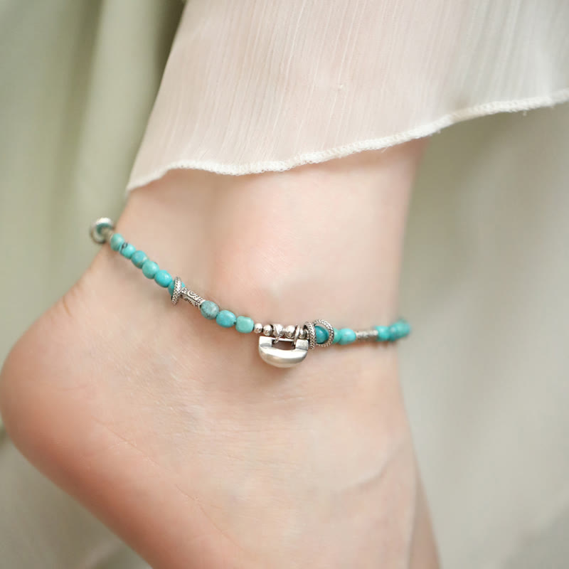 Buddha Stones 925 Sterling Silver Turquoise Small Beads Chinese Lock Charm Strength Anklet - image 4