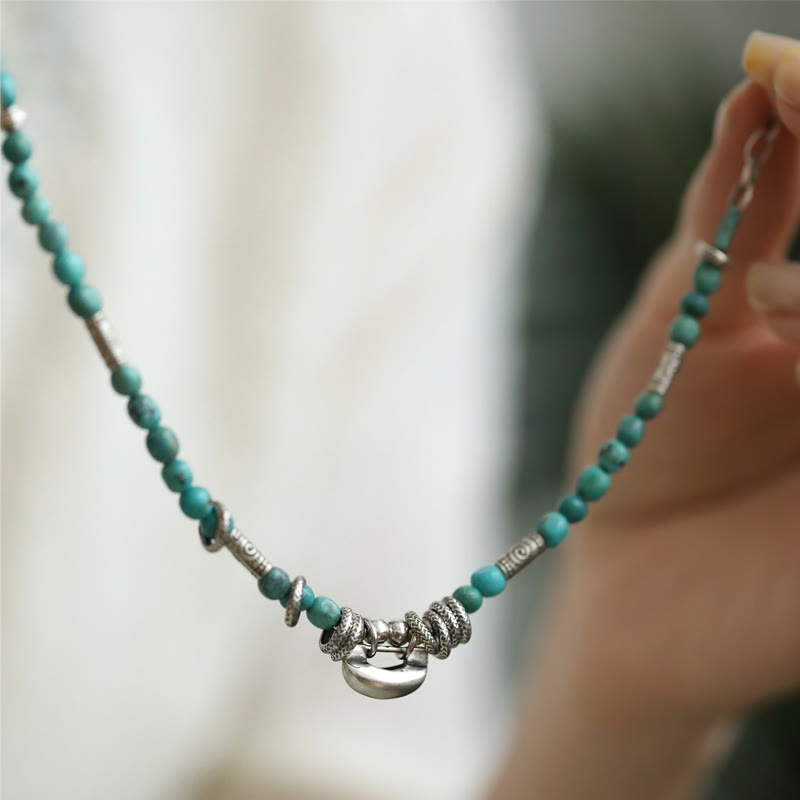 Buddha Stones 925 Sterling Silver Turquoise Small Beads Chinese Lock Charm Strength Anklet - image 1