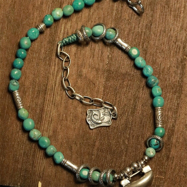 Buddha Stones 925 Sterling Silver Turquoise Small Beads Chinese Lock Charm Strength Anklet - image 2