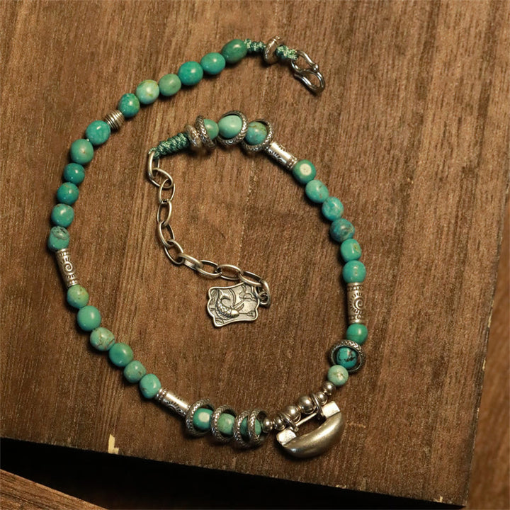 Buddha Stones 925 Sterling Silver Turquoise Small Beads Chinese Lock Charm Strength Anklet - image 3