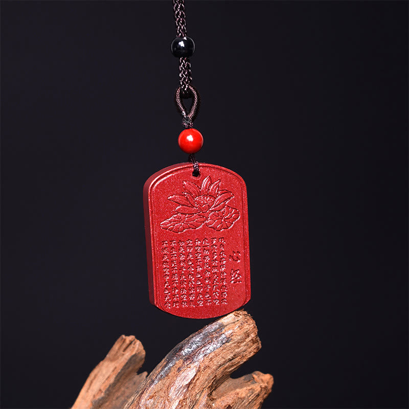 Buddha Stones Cinnabar Lotus Heart Sutra Engraved Blessing Rope Necklace Pendant - image 1